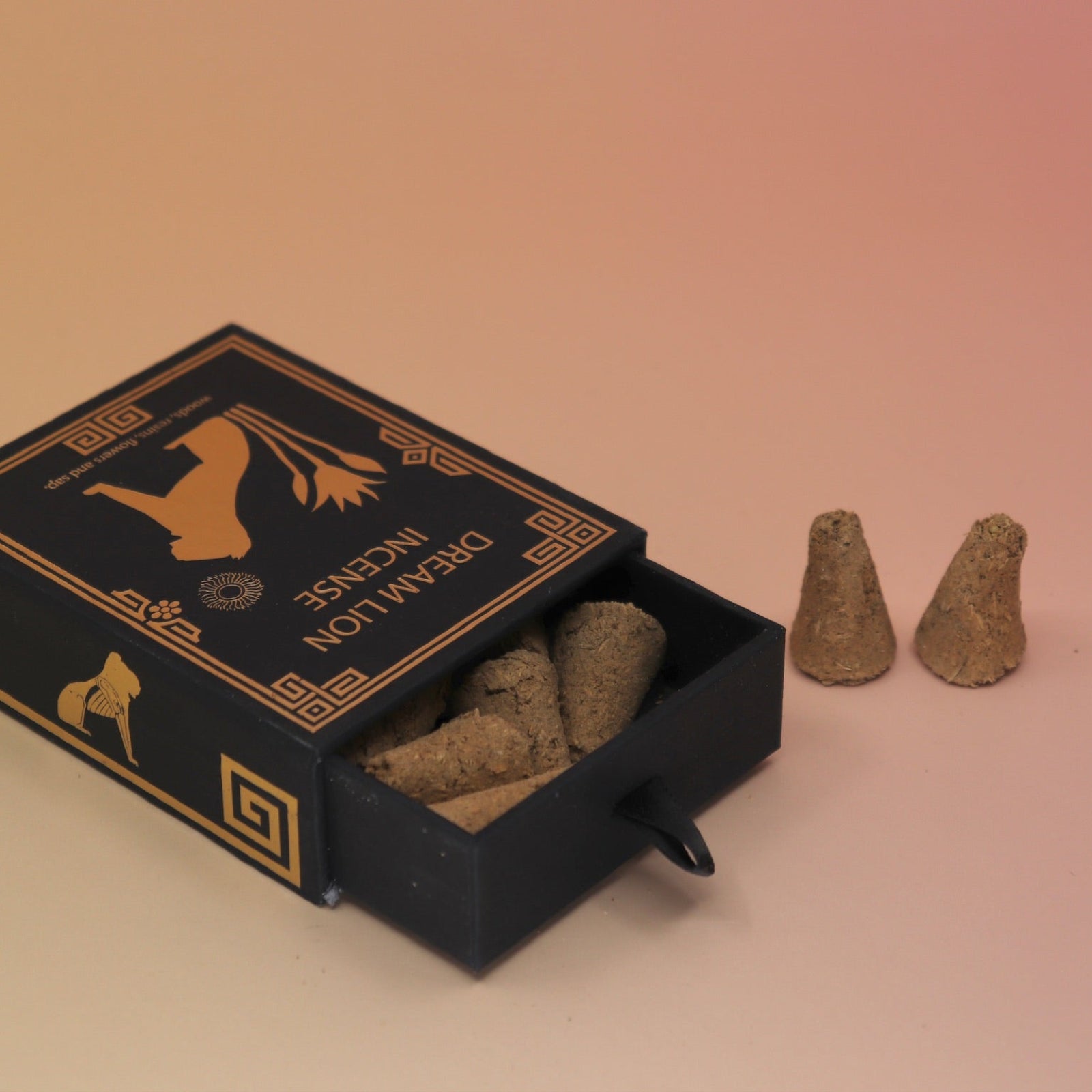 The Wish Granter Incense Cones box lying down with two incense cones next to it on a pink and yellow background.