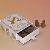 The Nine Treasures Incense Cones box  lying down next to two incense cones on a pink and yellow background.