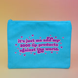 The Me & My Lip Products Against The World Canvas Zipper Pouch on a pink and yellow background.