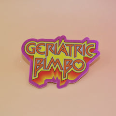 The Geriatric Bimbo Retro Holographic Glitter Vinyl Sticker on a light pink background.