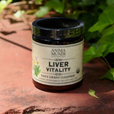 The Liver Vitality Greens - 4oz Powder Daily Cleanser on a red surface with greenery to its right.