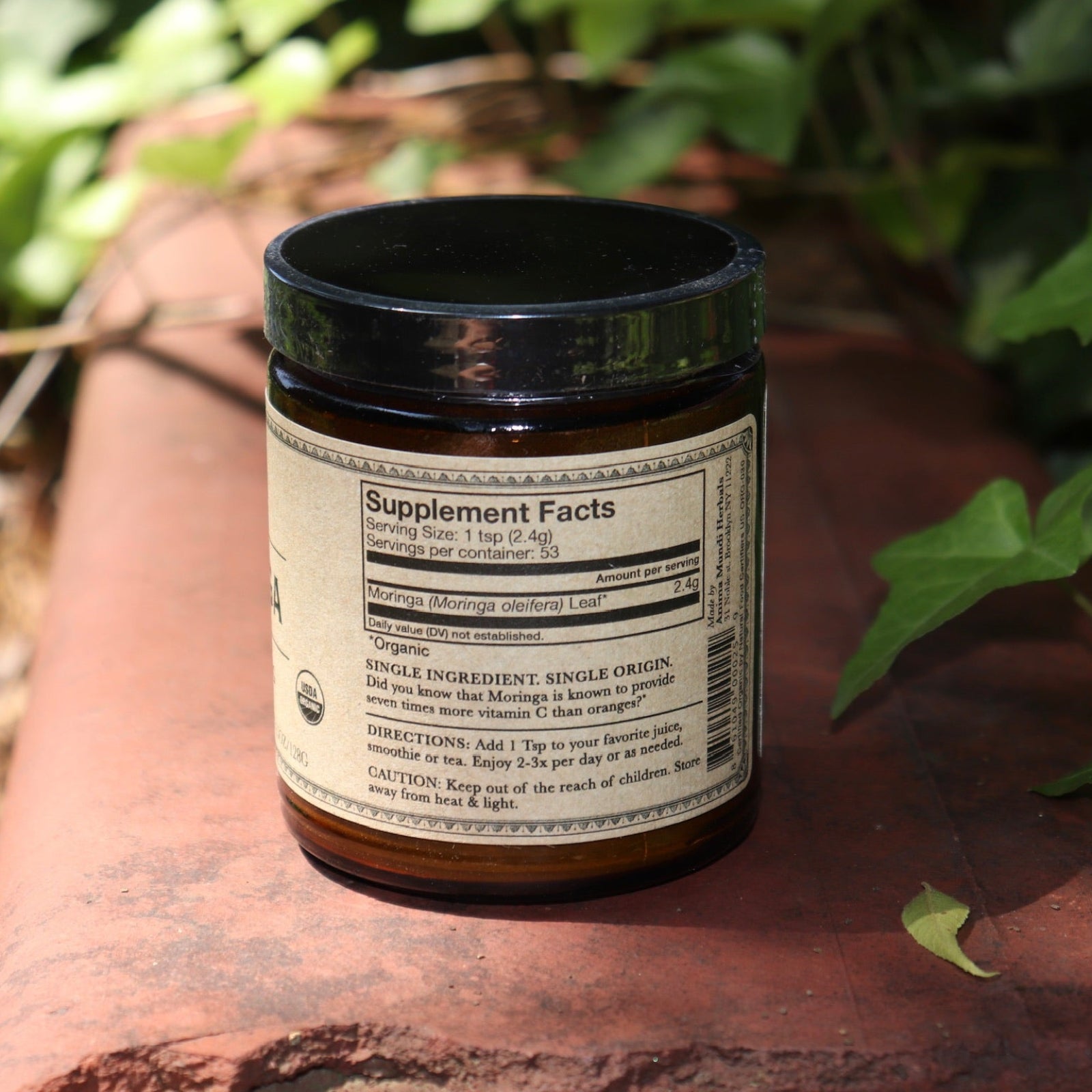 The back of the Moringa Super-Tonic - 4.5oz Powder Energy Booster on red concrete next to greenery.