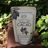 The Heirloom Cacao - Ancestral Cacao Powder on a rusty red surface next to ivy.