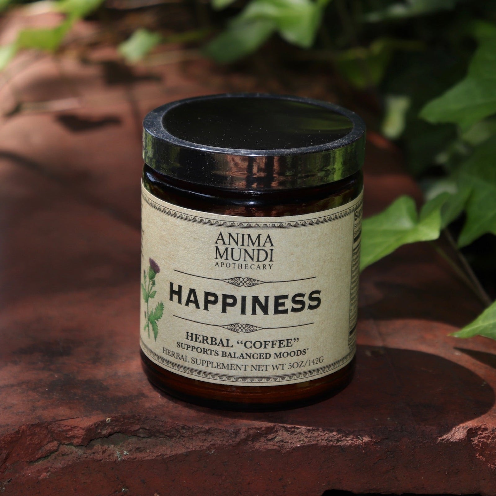 The Happiness Herbal “Coffee” Powder on a rusty red surface surrounded by green ivy.