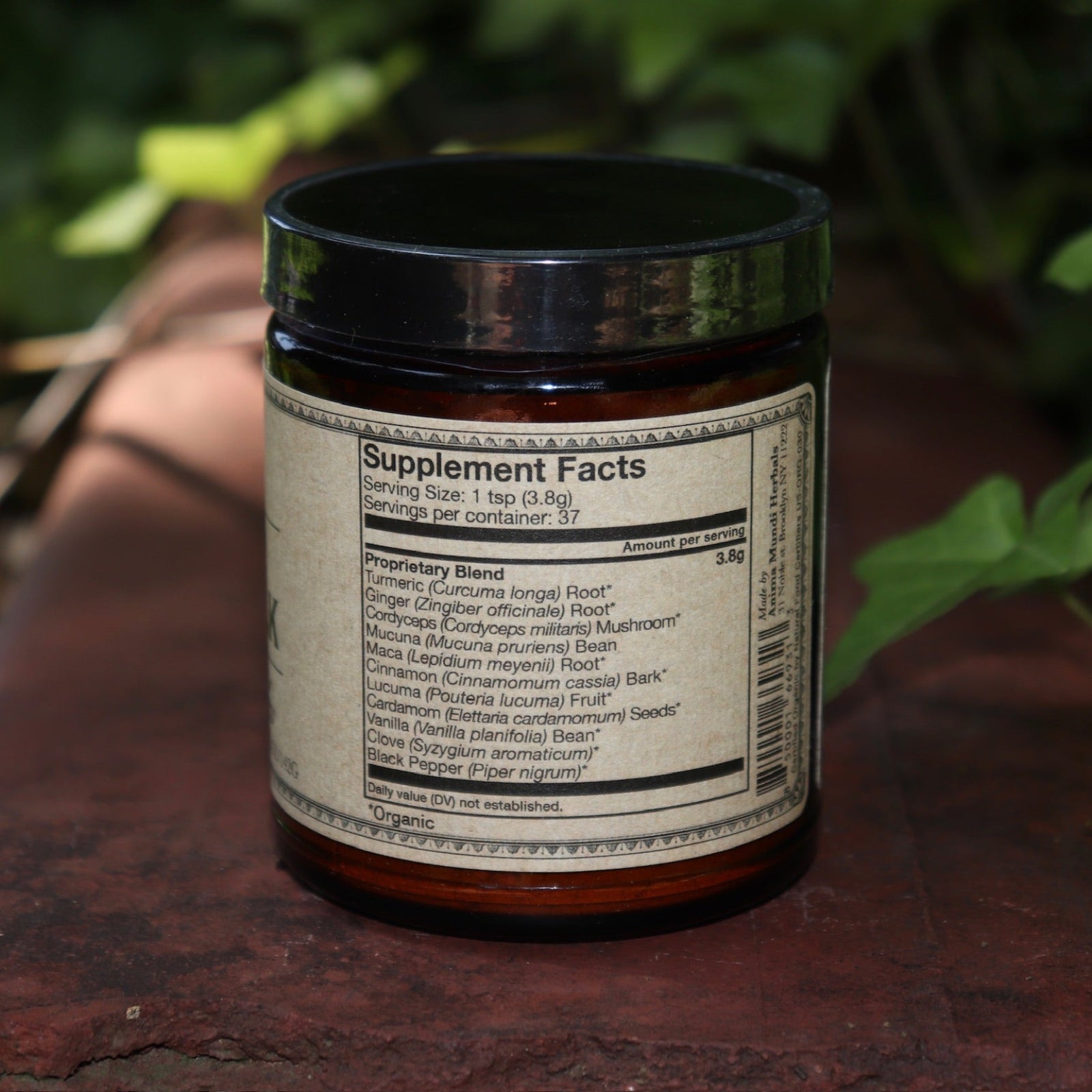 The back of the Golden Sun Milk - 5oz Energizing Adaptogenic Chai Powder on a red surface next to ivy.