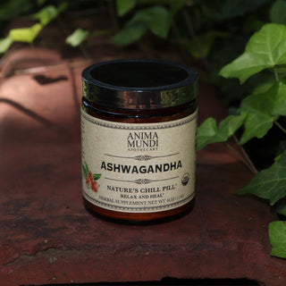 The Ashwagandha Nature's Chill Pill 4 oz Powder on a rusty red surface surrounded by ivy.