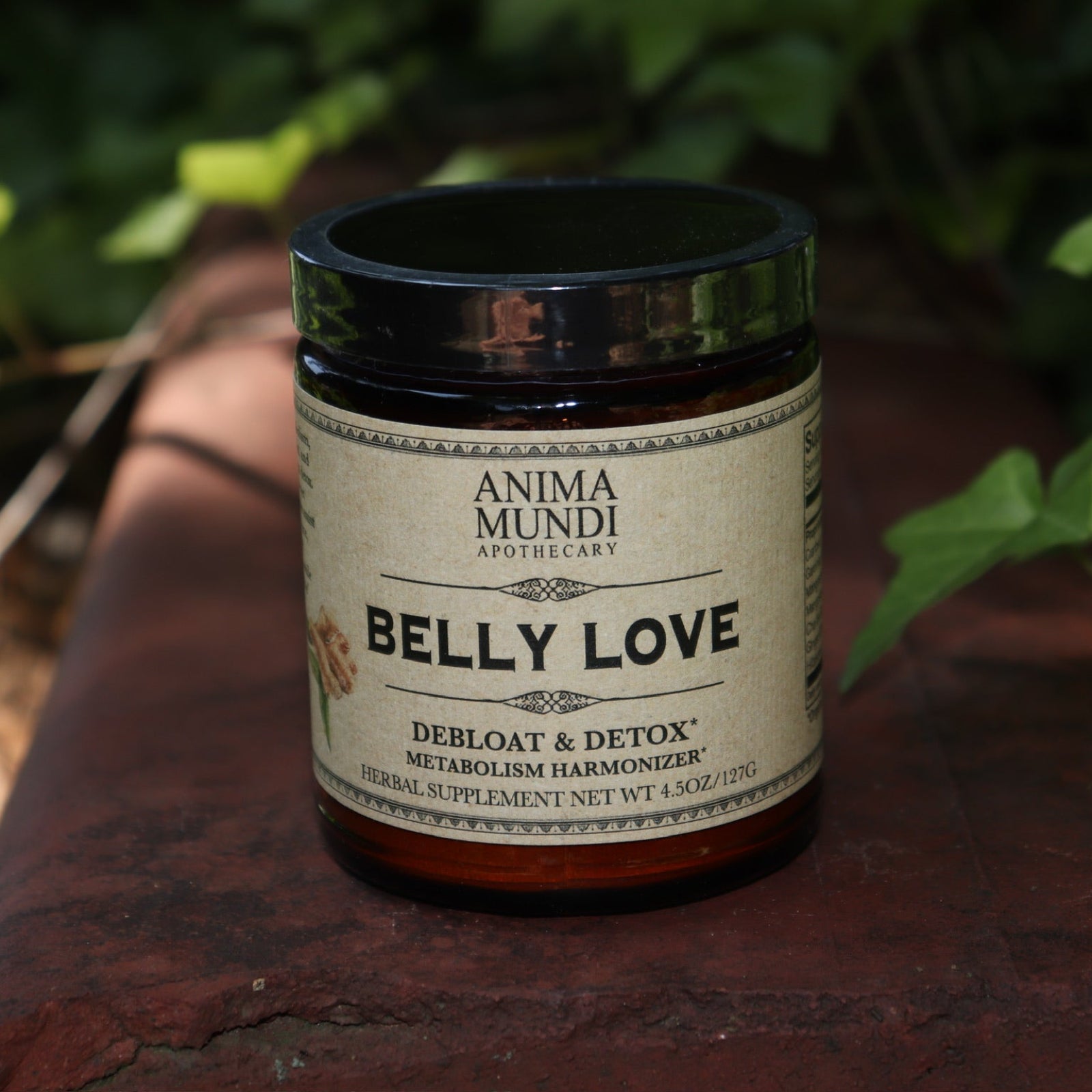 The Belly Love - Metabolism Harmonizer 4.5 oz Powder on a rusty red surface surrounded by green ivy.