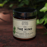 The Mind - Cognition + Focus 4.5 oz Powder on a rusty red surface surrounded by green ivy.