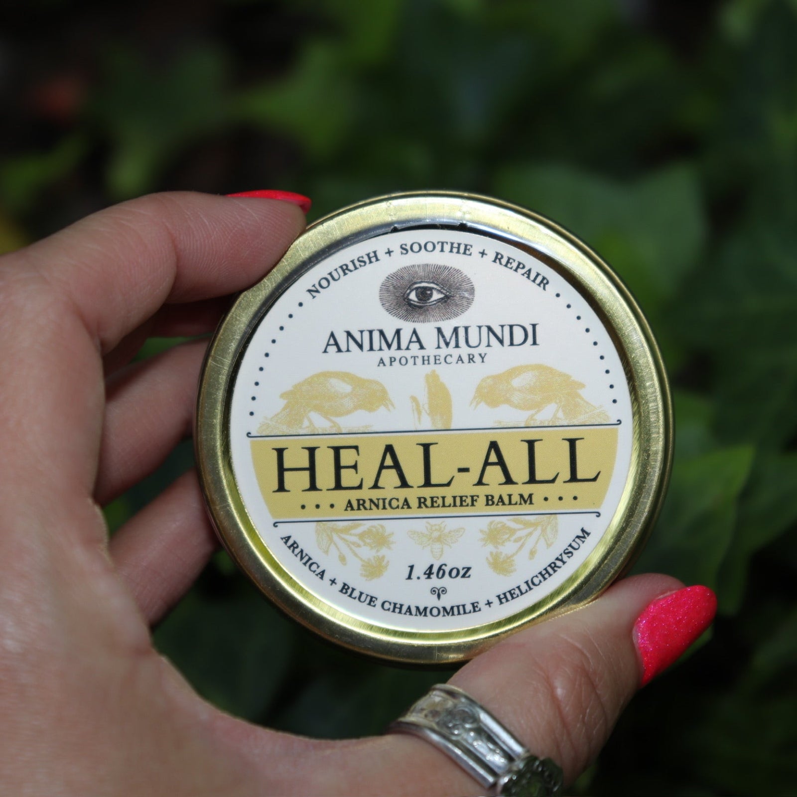 Someone holding the Heal-All Arnica - Nourish, Soothe + Repair Relief Balm in front of ivy.