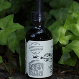 The Happiness Tonic - 2 fl. oz. Adaptogenic Spirit Tonic on a graphite surface in front of a patch of ivy.