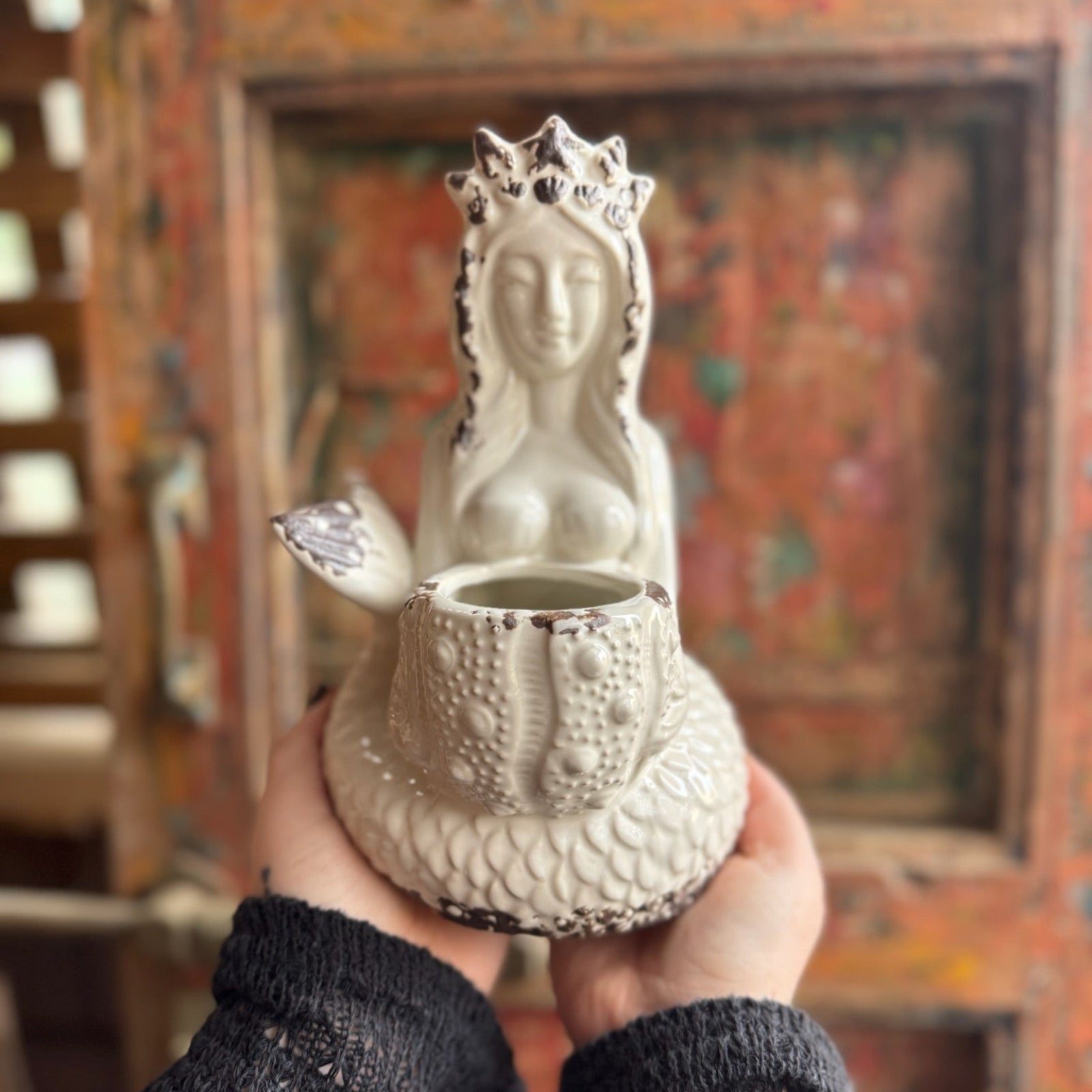 Someone holding the Goddess Mermaid & Urchin Planter in front of a wood background.