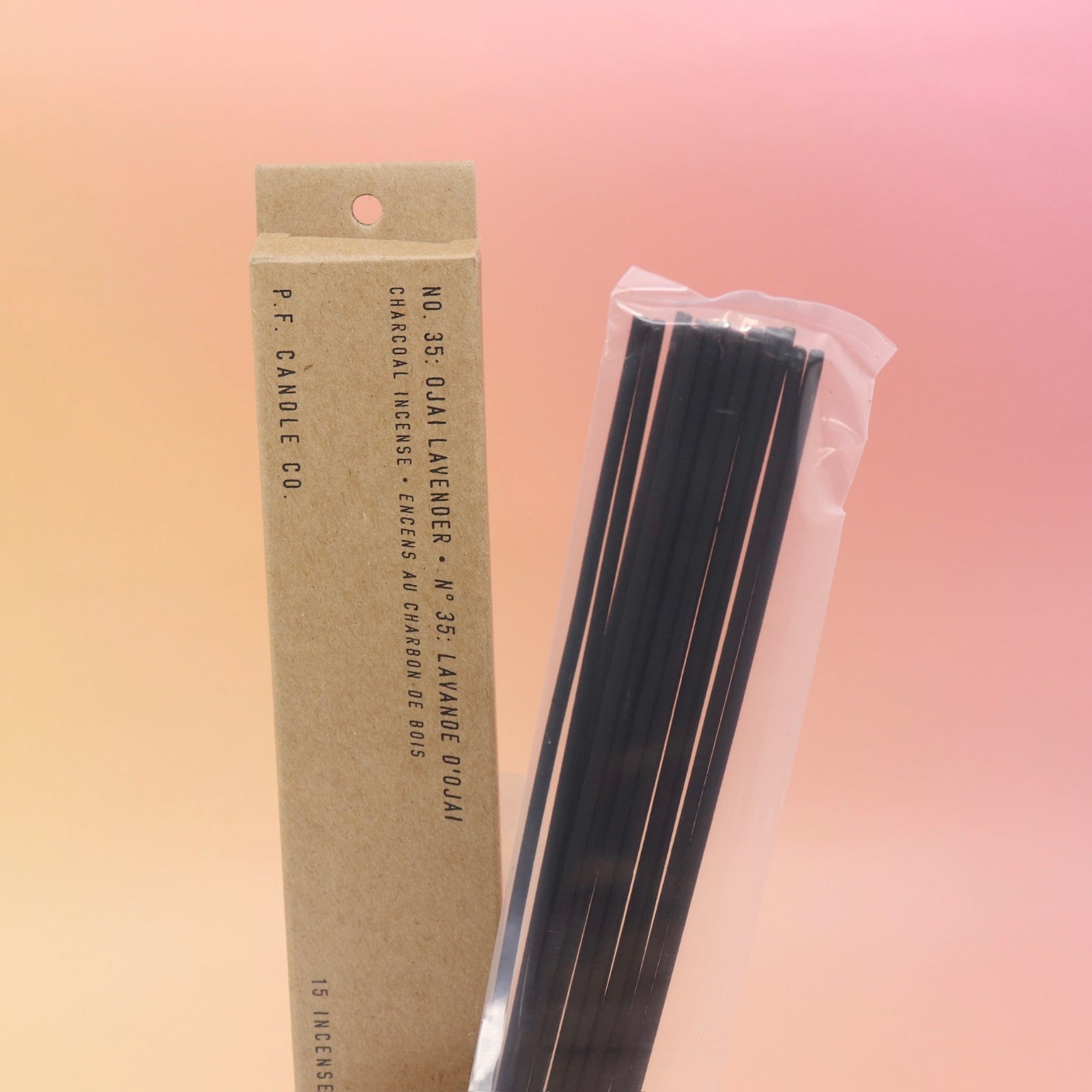The P.F. Candle Co. Ojai Lavender - Incense on a pink and yellow background.