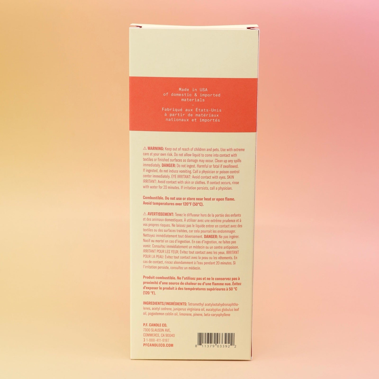 The back of the Plush Vetiver - HI-FI Reed Diffuser box all on a pink and yellow background.