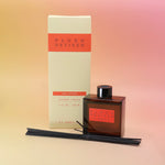 The Plush Vetiver - HI-FI Reed Diffuser bottle next to its to packaging with the reed diffusers in front all on a pink and yellow background.