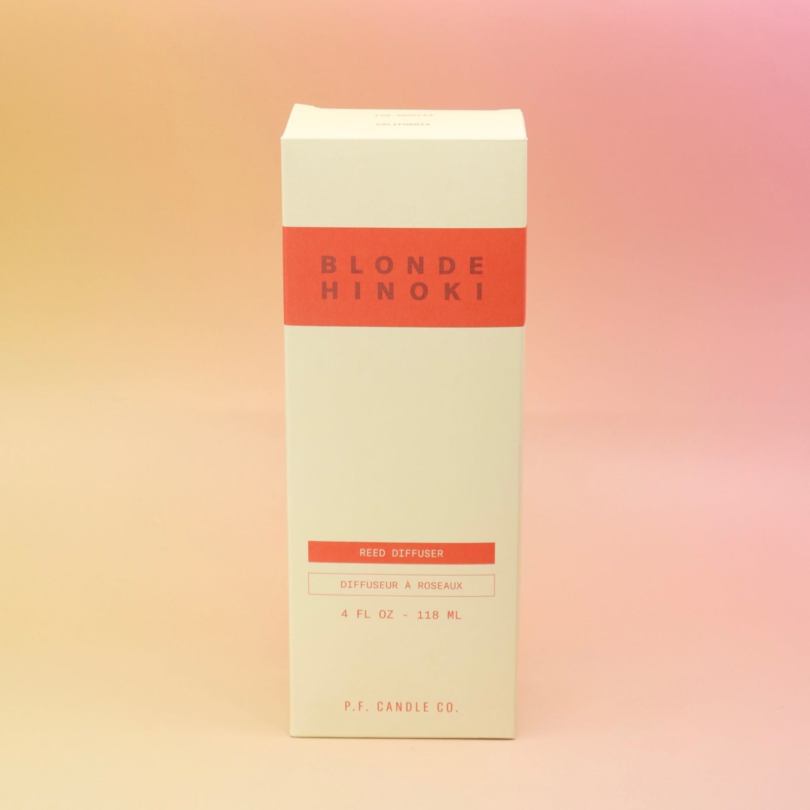 The Blonde Hinoki – HI-FI Reed Diffuser box on a pink and yellow background.