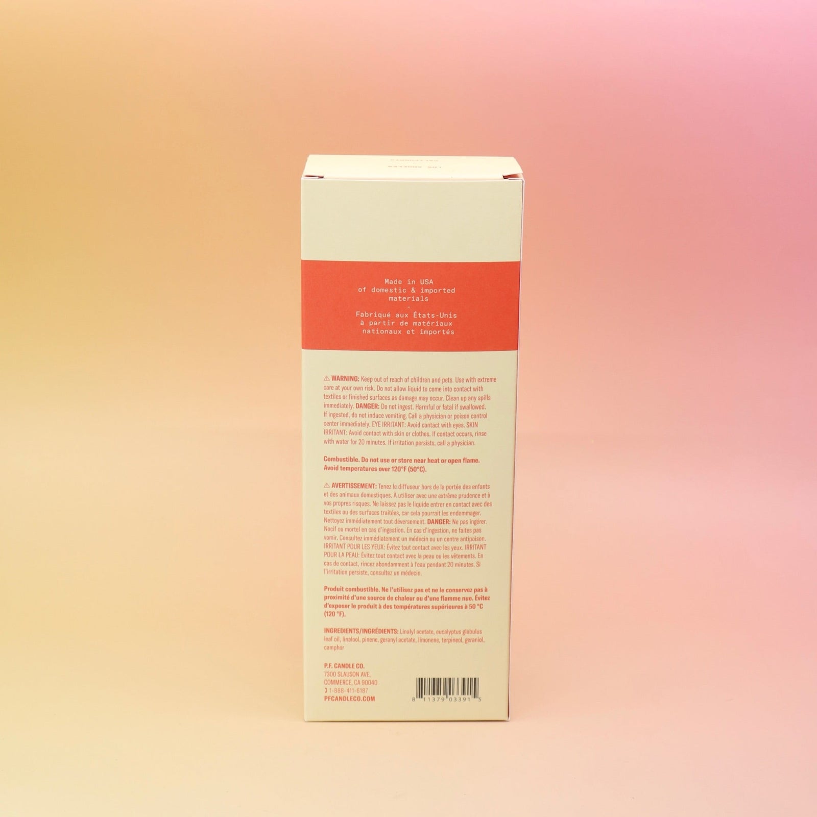 The back of the Blonde Hinoki – HI-FI Reed Diffuser box on a pink and yellow background.