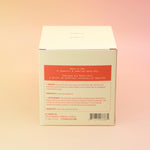 The back of the Blonde Hinoki - HI-FI Soy Wax Candle box on a pink and yellow background.