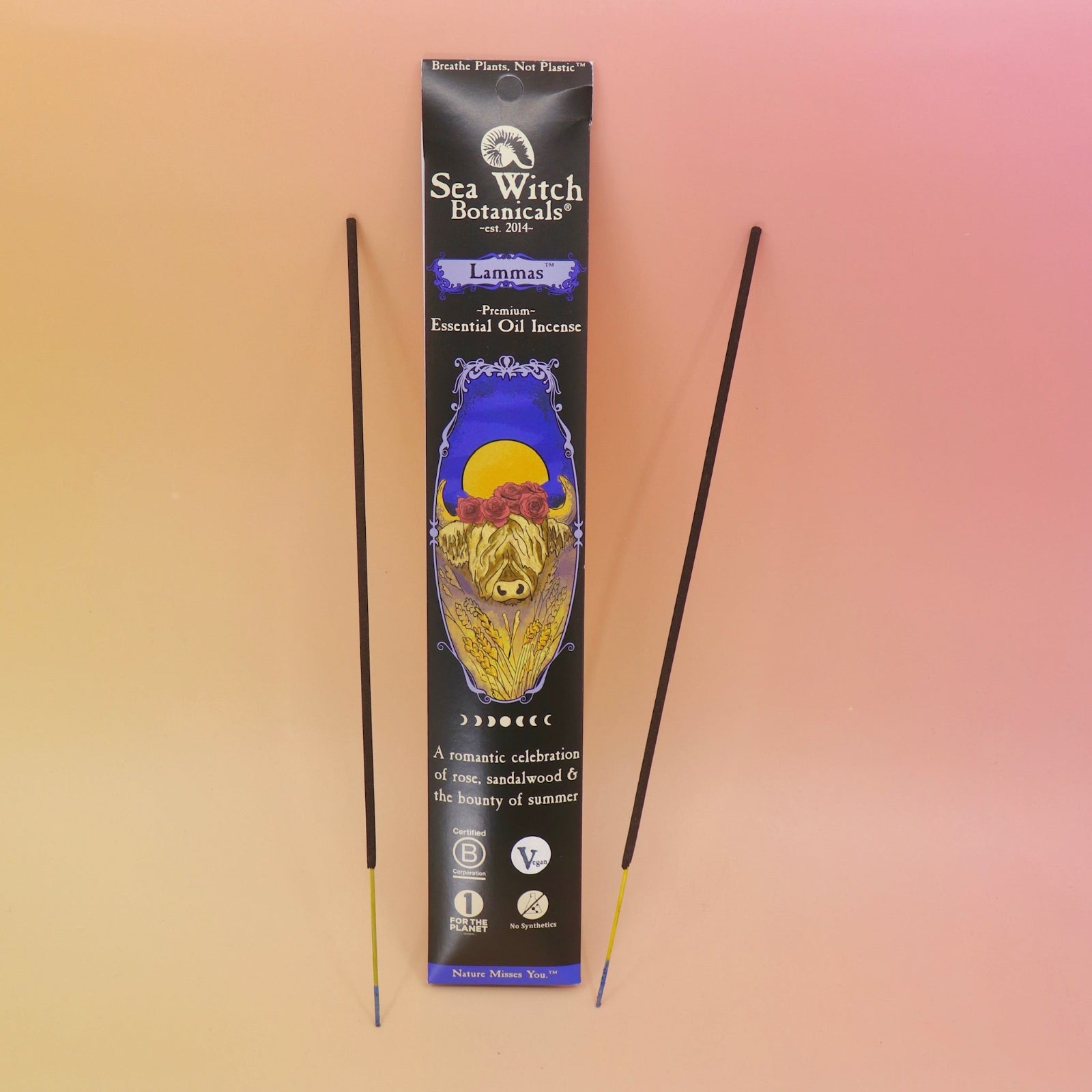 The Lammas Premium Floral Charcoal Incense on a pink and yellow background.