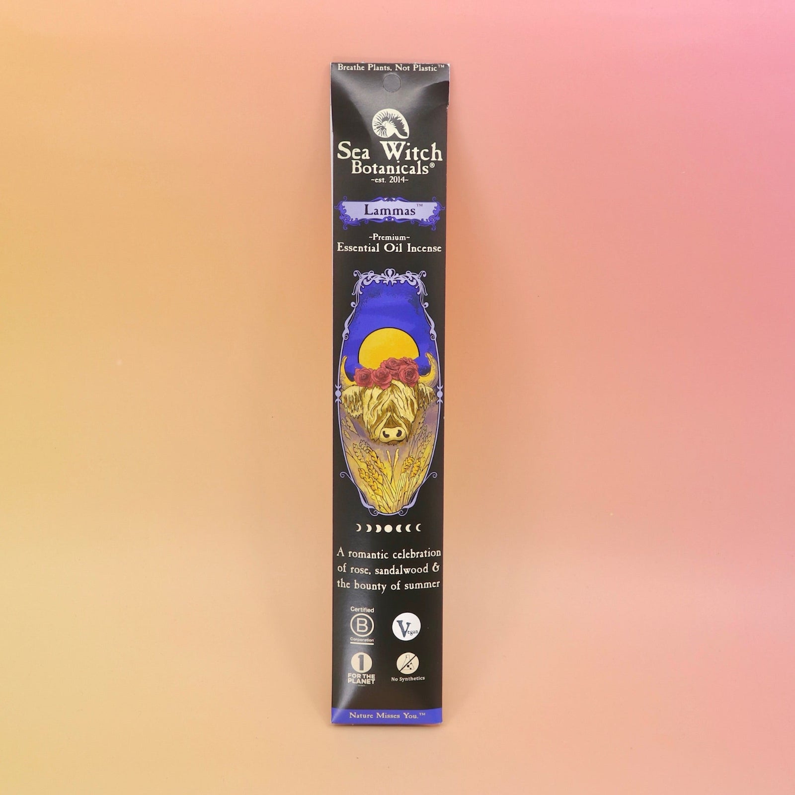 The Lammas Premium Floral Charcoal Incense on a pink and yellow background.