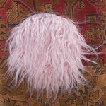 An up close image of the Geometric Velvet Tapestry Tote with Pink Faux Fur.