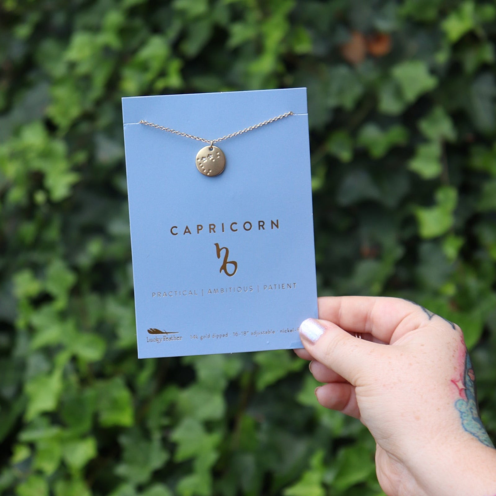 Someone holding the Capricorn 14k Gold Dipped Nickel-Free Zodiac Necklace on its card in front of greenery.