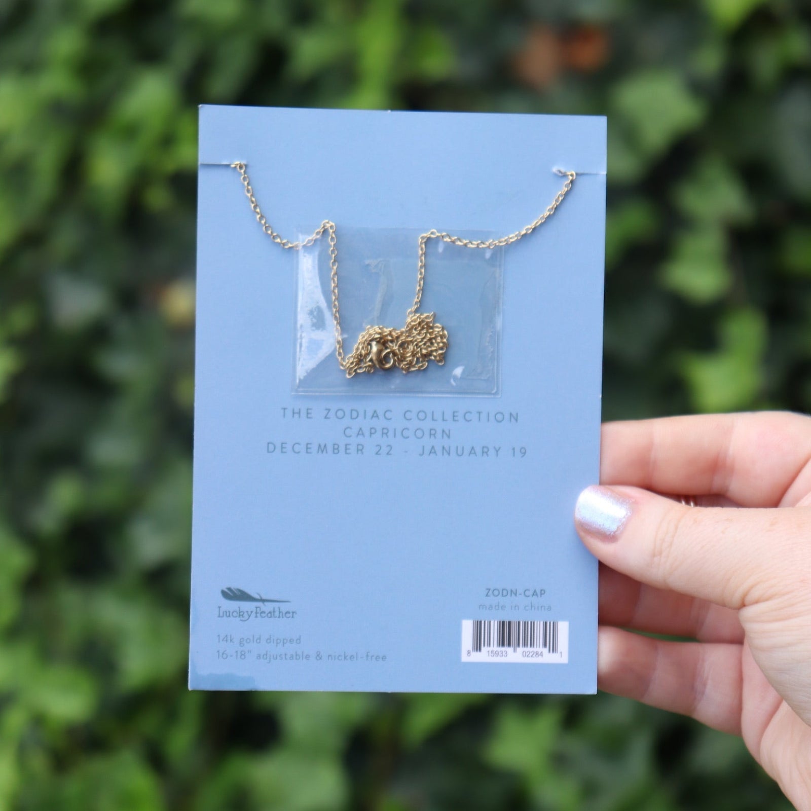 Someone holding the Aquarius 14k Gold Dipped Nickel-Free Zodiac Necklace on its card in front of greenery showing off the back.