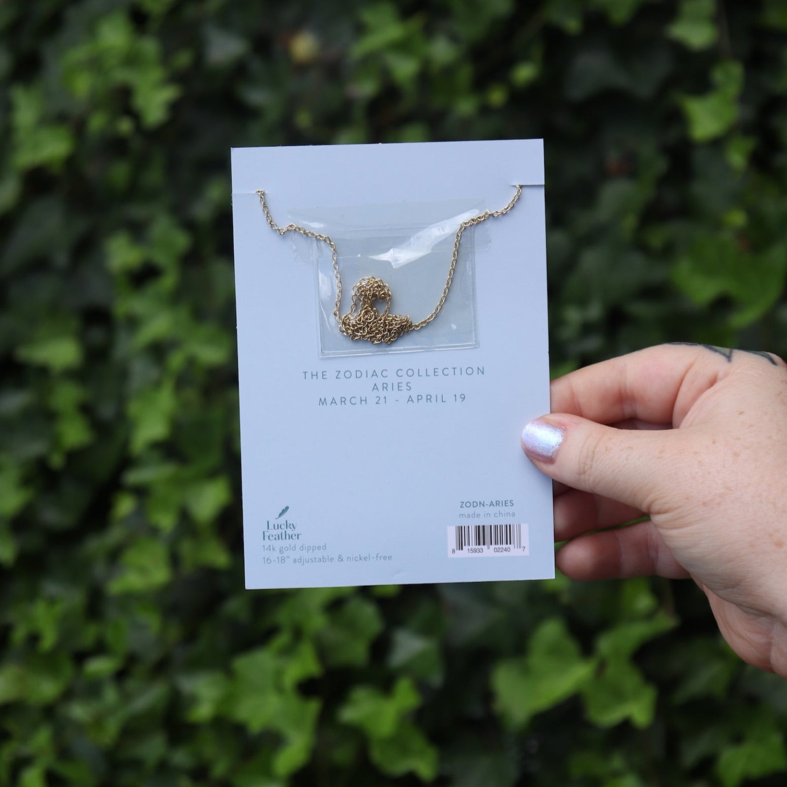 Someone holding the Aries 14k Gold Dipped Nickel-Free Zodiac Necklace on its card in front of greenery showing off the back.