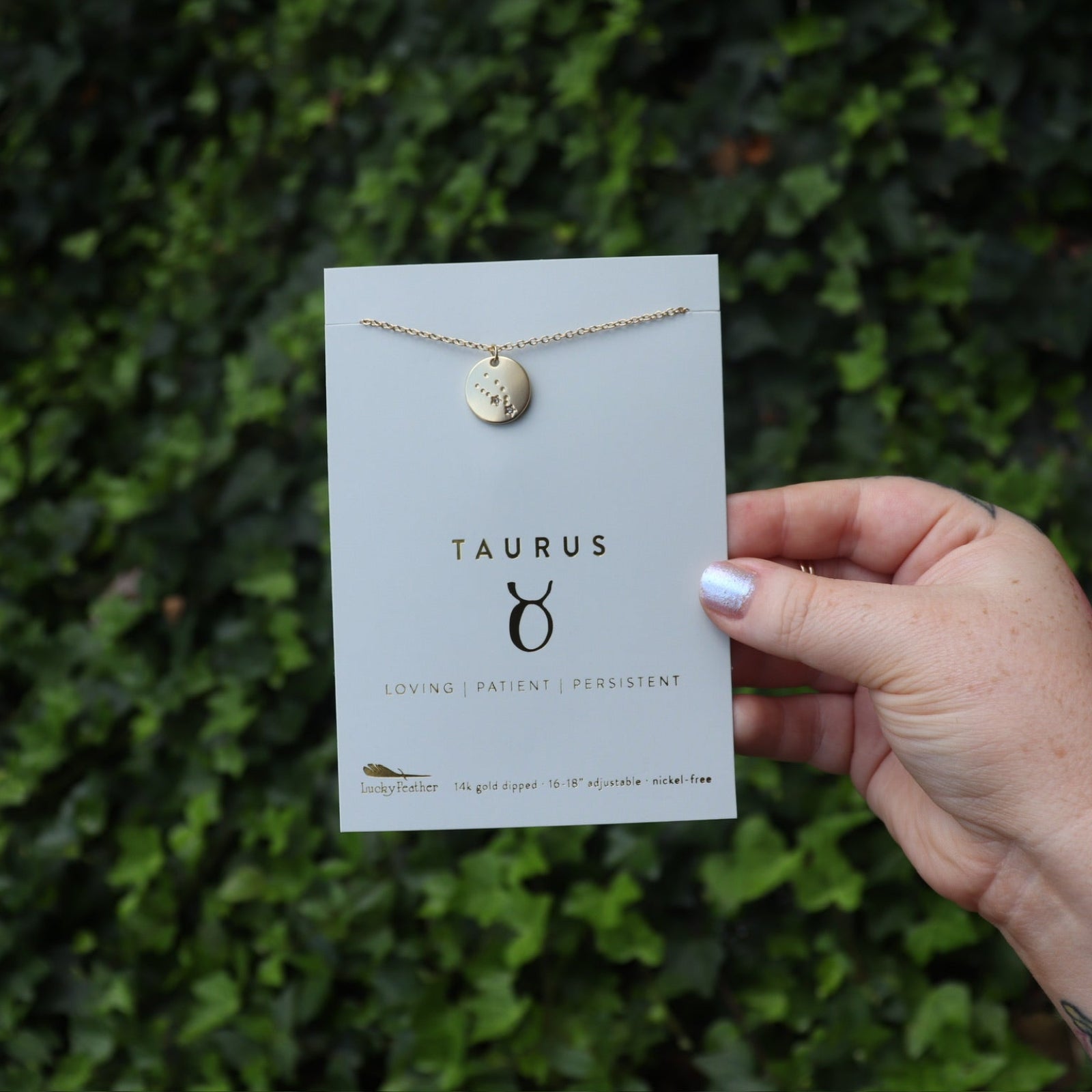 Someone holding the Taurus 14k Gold Dipped Nickel-Free Zodiac Necklace on its card in front of greenery.