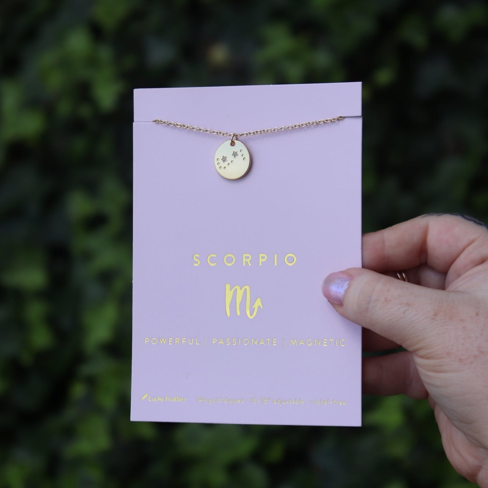 Someone holding the Scorpio 14k Gold Dipped Nickel-Free Zodiac Necklace on its card in front of greenery.