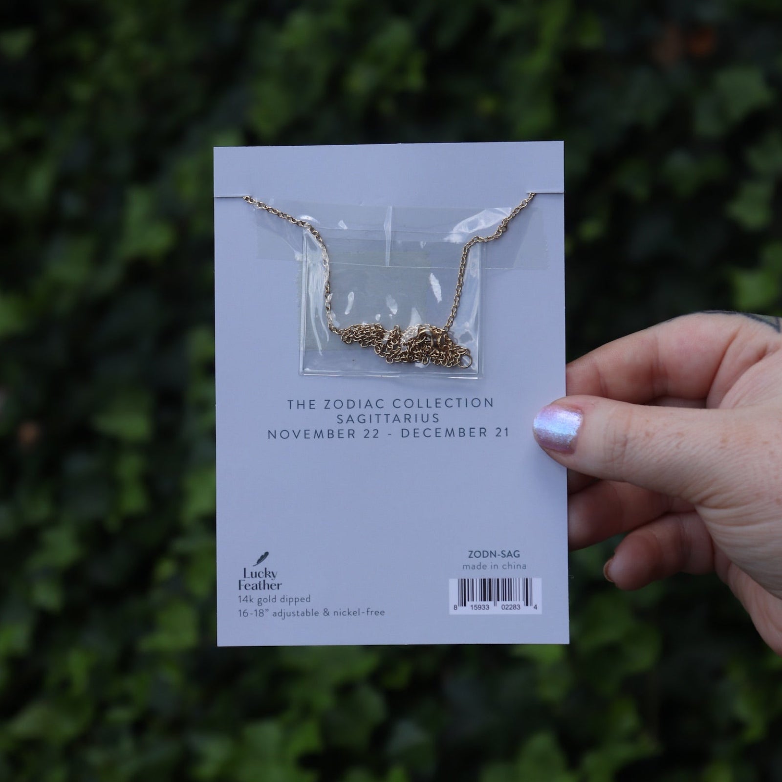 Someone holding the Sagittarius 14k Gold Dipped Nickel-Free Zodiac Necklace on its card in front of greenery showing off the back.