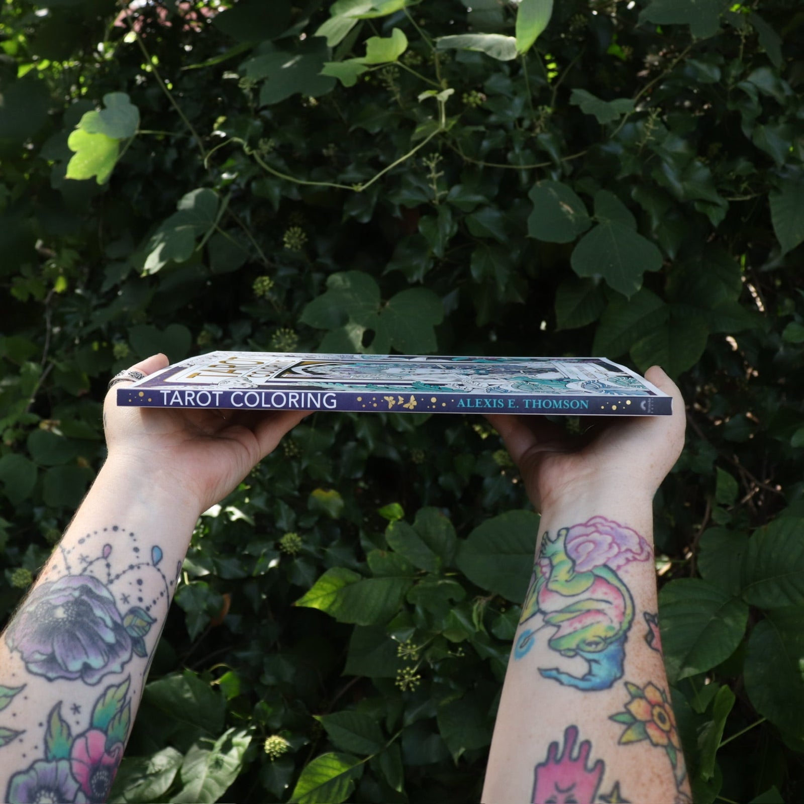 Someone holding the Tarot Coloring - Coloring Book in front of greenery showing the spine of the book.