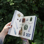 Someone holding the Green Witch's Sticker Book by Arin Murphy-Hiscock open in front of greenery, showing odd the sticker pages.