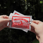 Someone holding three of the Fortune Fish packages in front of the greenery.