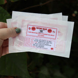 Someone holding three of the Fortune Fish packages in front of the greenery, showing off the back.