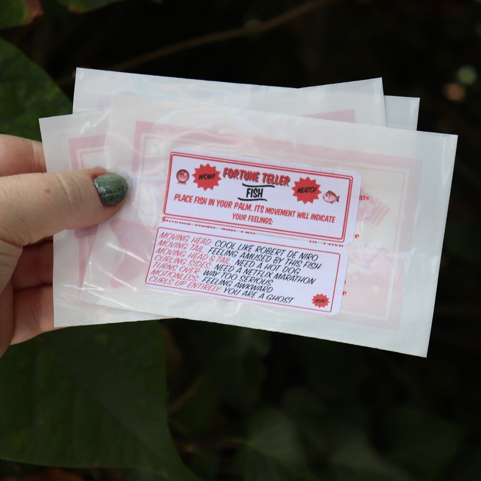 Someone holding three of the Fortune Fish packages in front of the greenery, showing off the back.