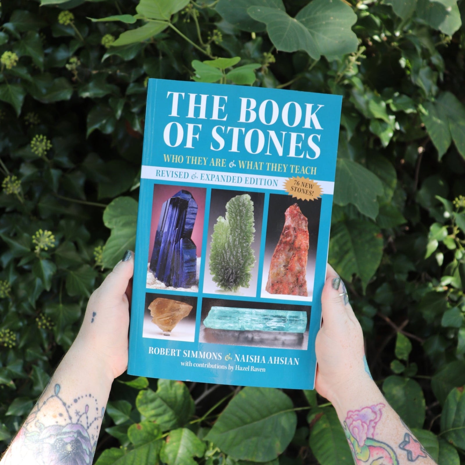 Someone holding the Book of Stones by Robert Simmons in front of greenery.