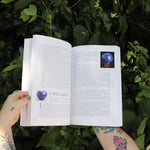 Someone holding the Book of Stones by Robert Simmons open in front of greenery, showing off the pages.