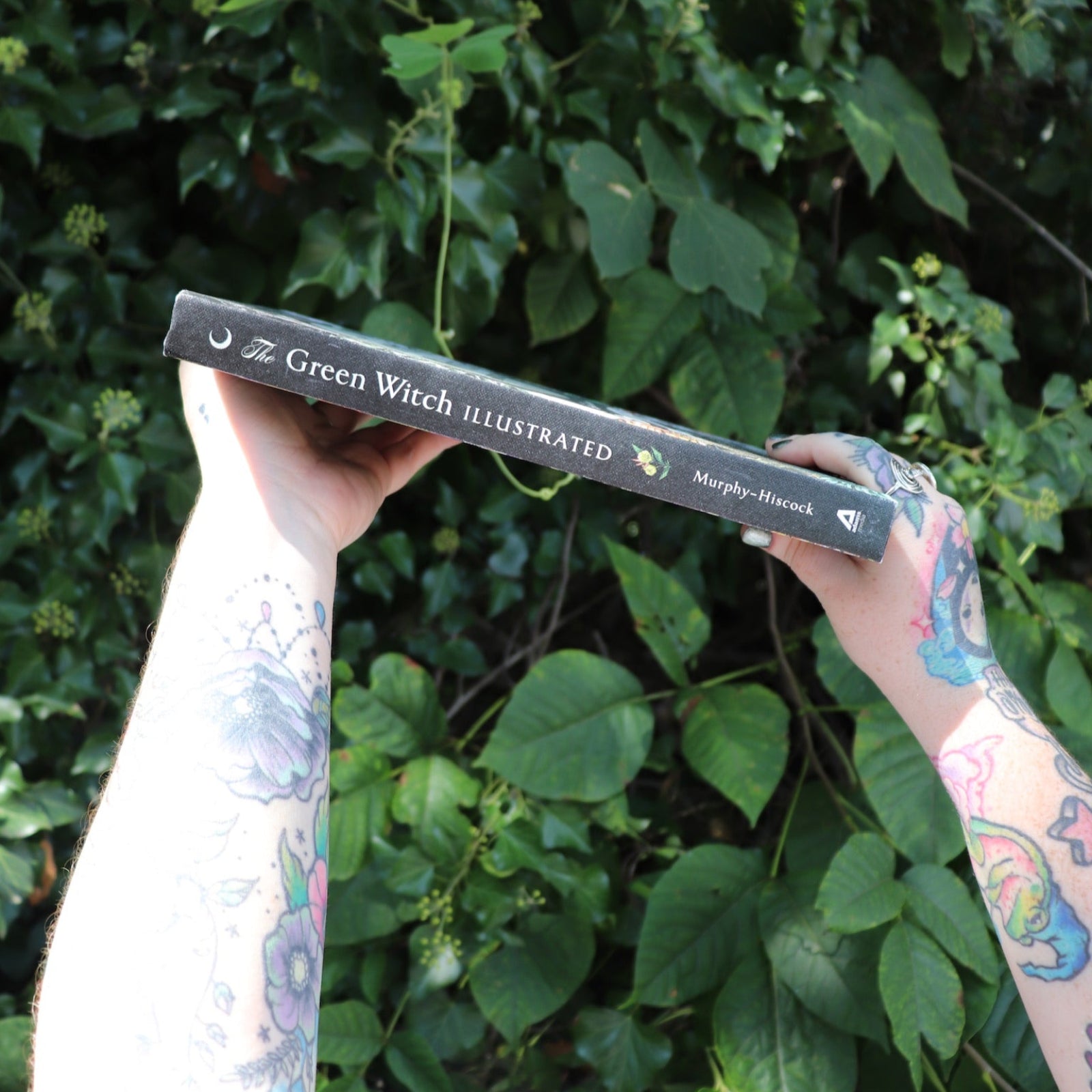 Someone holding the Green Witch Illustrated by Arin Murphy-Hiscock in front of the greenery, showing off the side.