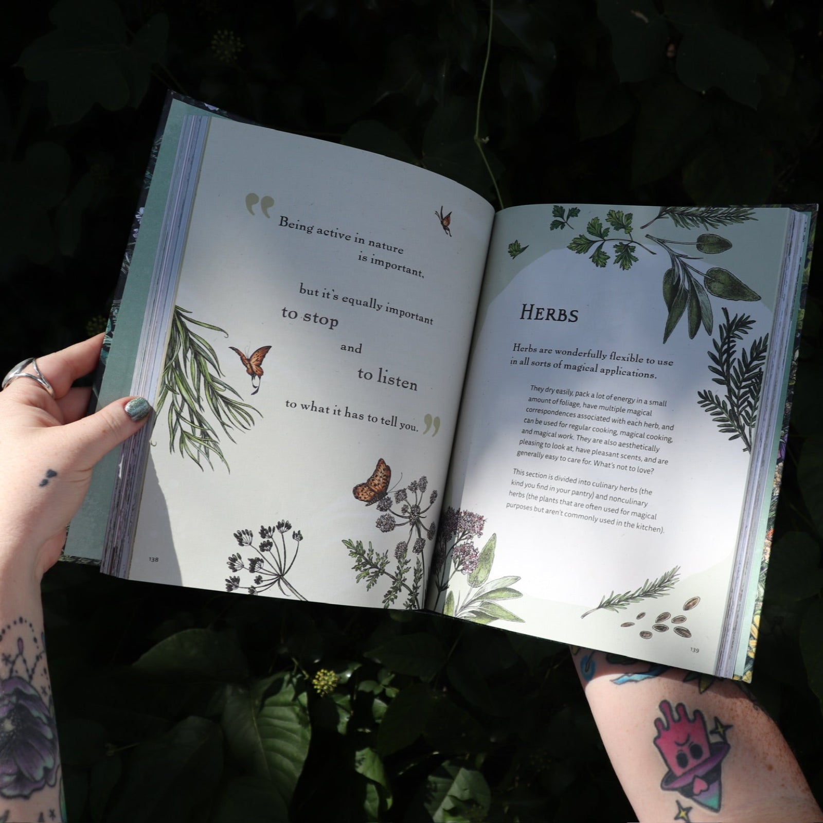 Someone holding the Green Witch Illustrated by Arin Murphy-Hiscock open in front of the greenery, showing off the pages.
