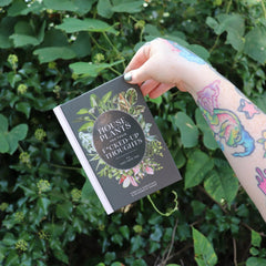 Someone holding the Houseplants and Their F* Up Thoughts by Carlyle Christoff in front of greenery.