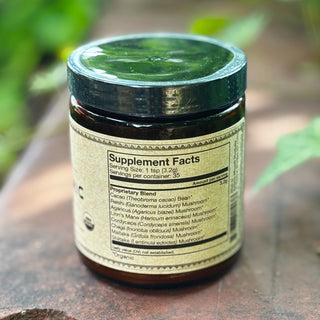 The back of the 7 Medicinal Mushrooms + Cacao Adaptogenic 4 oz Powder on a rusty red surface surrounded by green ivy.