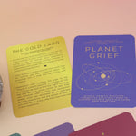 The contents of the Planet Grief Card Deck Bereavement Resource on a pink and yellow background.