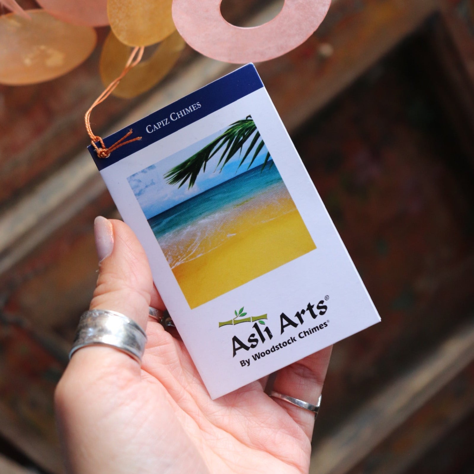 An image of someone holding the tag of the Sunlit Bay Capiz Chime in front of a door.