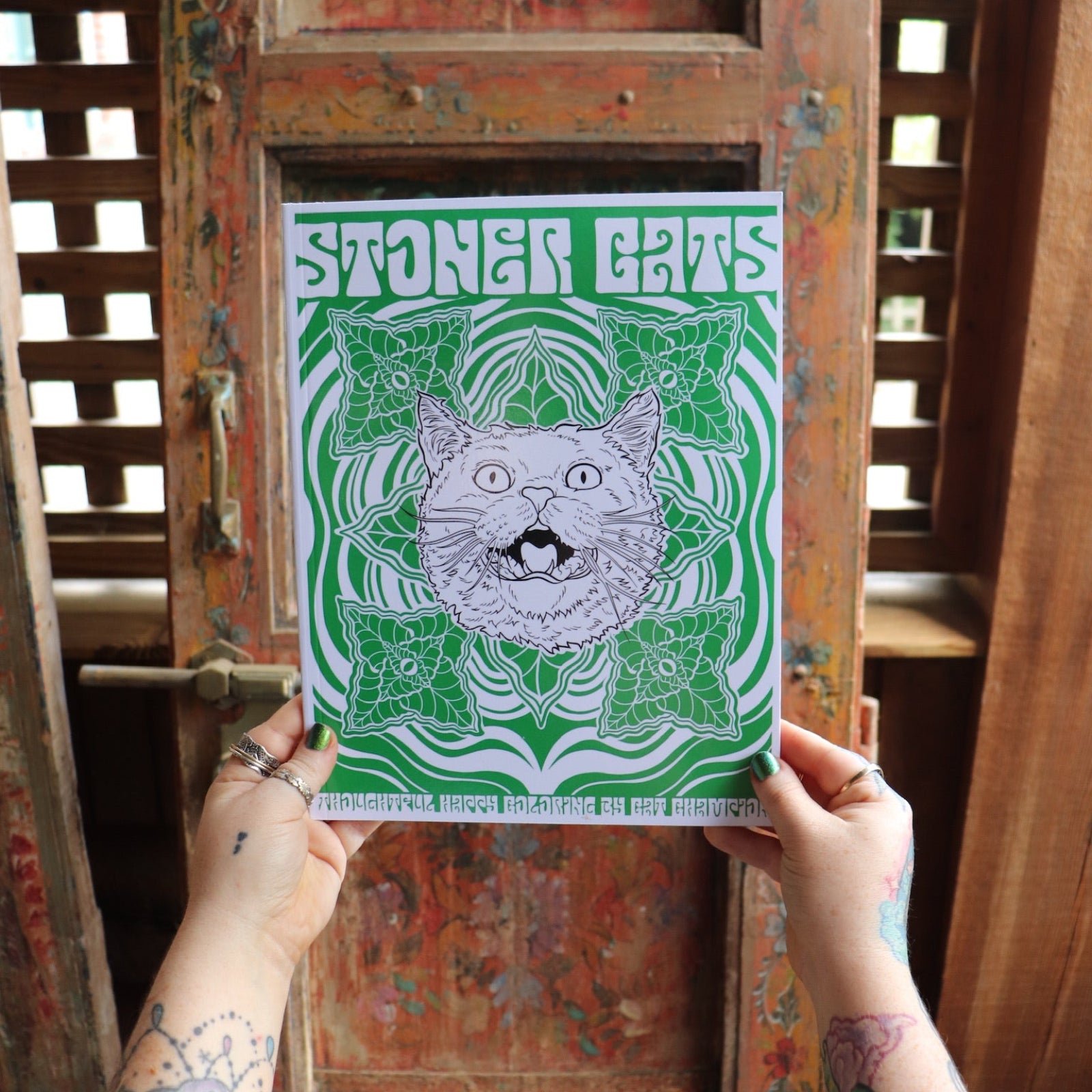 Someone holding the Stoner Cats Coloring Book in front of a wooden background.
