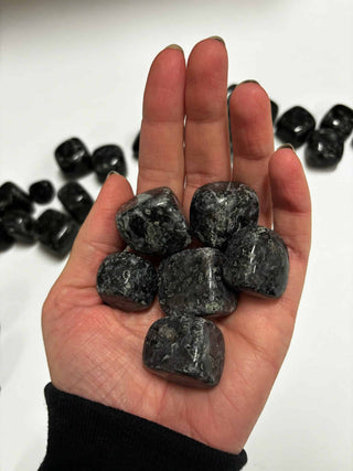 Hand holding several polished Indigo Gabbro tumbled stones in shades of deep gray and black