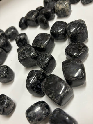 Close-up of large Indigo Gabbro tumbles showing natural swirling patterns