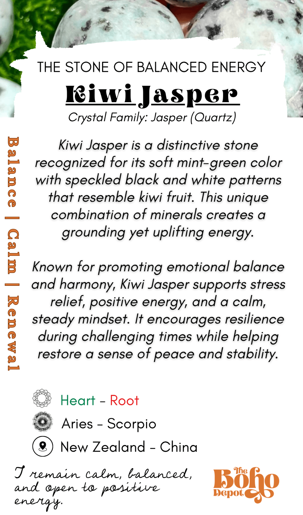 Information card about Kiwi Jasper crystal with text and images of kiwi fruit.
