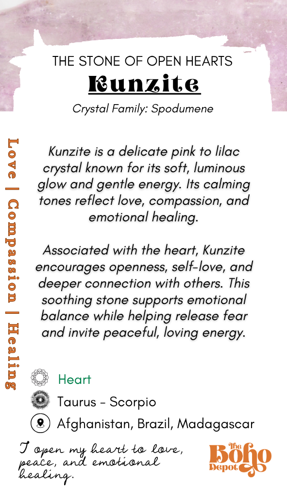 Information card about Kunzite crystal with text and Boho Depot logo.