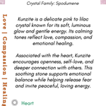 Information card about Kunzite crystal with text and Boho Depot logo.