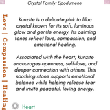 Information card about Kunzite crystal with text and Boho Depot logo.